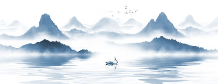 New Chinese Blue Ink Artistic Conception Landscape Paintingの写真素材