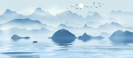New Chinese Blue Ink Artistic Conception Landscape Paintingの写真素材
