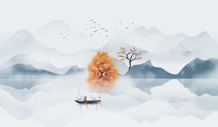 Freehand Chinese style and elegant artistic conception ink landscape paintingの写真素材