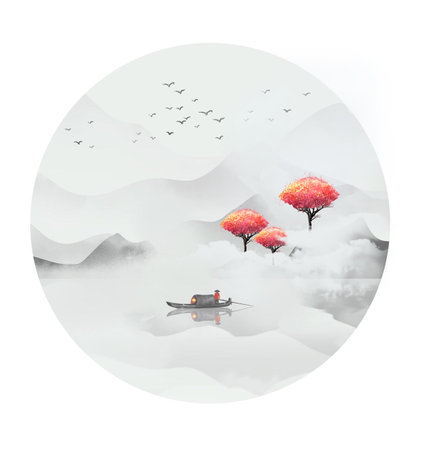 Freehand Chinese style and elegant artistic conception ink landscape paintingの写真素材