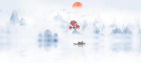 New Chinese Blue Ink Artistic Conception Landscape Paintingの写真素材