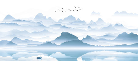 New Chinese Blue Ink Artistic Conception Landscape Paintingの写真素材