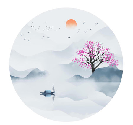 New Chinese artistic conception ink landscape decorative paintingの写真素材