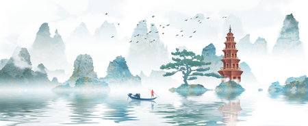 New Chinese Blue Ink Artistic Conception Landscape Paintingの写真素材