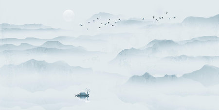 New Chinese Blue Ink Artistic Conception Landscape Paintingの写真素材