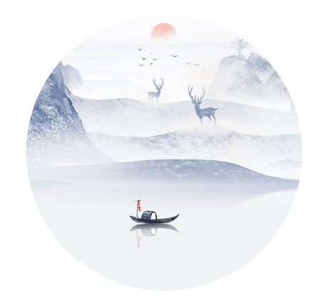 New Chinese Blue Ink Artistic Conception Landscape Paintingの写真素材