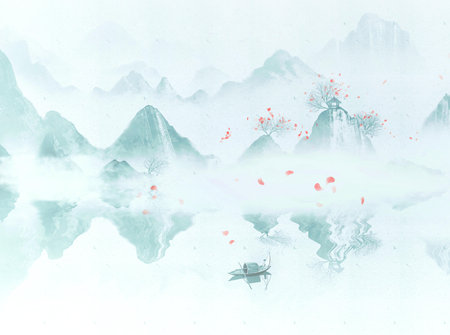 New Chinese Blue Ink Artistic Conception Landscape Paintingの写真素材