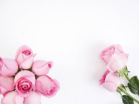 Valentines day background, pink roses on white background.  For card design and wedding. Top view, space for textの写真素材