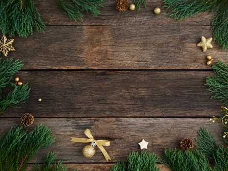 Christmas background and decor on wooden background. Top view, space for text