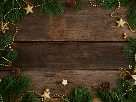 Christmas background and decor on wooden background. Top view, space for textの写真素材