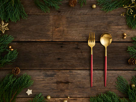 Christmas table setting on wooden background, Family holiday. Top view, space for textの写真素材