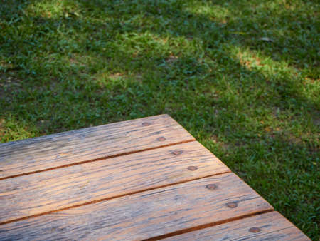 Blurred nature background. Empty wooden table in park