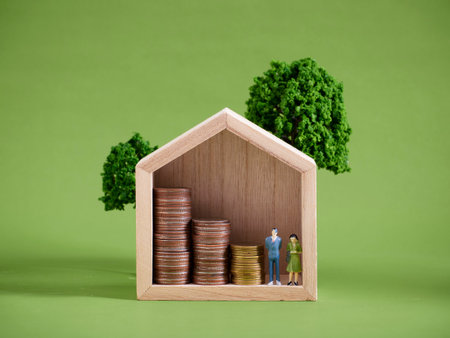 Miniature house model with coins stacks on green background. Mortgage concept