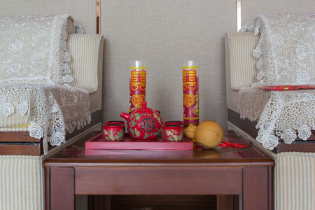 A Set of tea ceremony for auspicious occasion of marriage ceremony, Chinese wedding styleの写真素材
