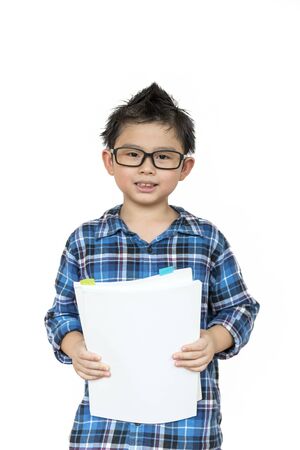 Asia kid wearing glasses ready for a classroom on white  on isolated, Back to schoolの写真素材