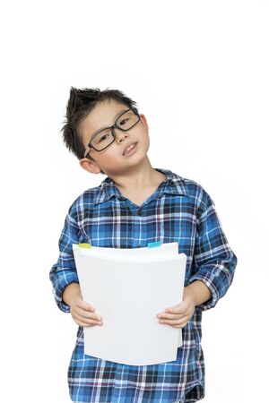 Cute boy wearing glasses ready for a classroom on white  on isolated, Back to schoolの写真素材