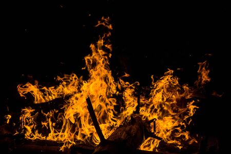 bright orange languages of a fire on wooden logs at night. wood on fire. bonfire at night. campfire. beautiful flame on black background. fire on black background. burning wood . beautiful fire texture. the texture of the campfireの写真素材