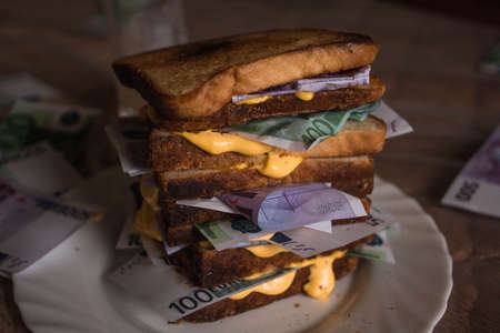 sandwich of bread and money Euro dollars bills with cheese sauce. money drenched in cheese sauce picture of food with money money and food. scattered moneyの写真素材