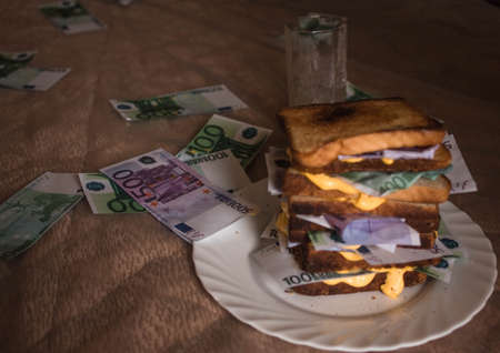 sandwich of bread and money Euro dollars bills with cheese sauce. money drenched in cheese sauce picture of food with money money and food. scattered moneyの写真素材