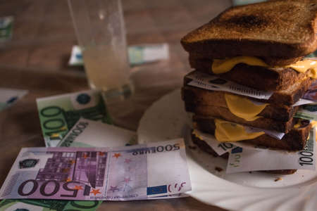 sandwich of bread and money Euro dollars bills with cheese sauce. money drenched in cheese sauce picture of food with money money and food. scattered moneyの写真素材