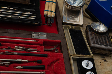 Still life photo of old and rusty vintage items at a junk shop in Old Quarter Hanoi, Vietnamの写真素材