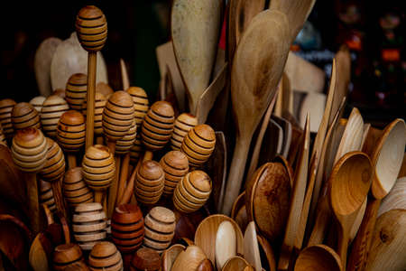 handmade spoons and baskets of their wood. wicker baskets. rustic life wooden spoons natural products. handworkの写真素材