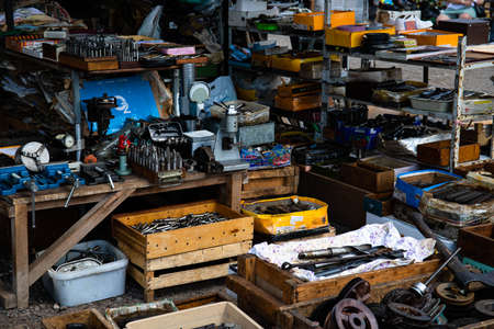 Still life photo of old and rusty vintage items at a junk shop in Old Quarter Hanoi, Vietnam