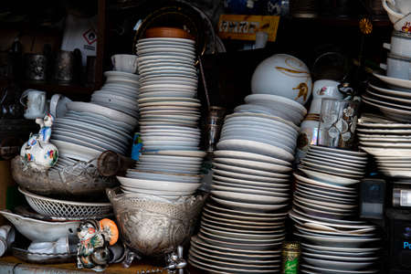 Still life photo of old and rusty vintage items at a junk shop in Old Quarter Hanoi, Vietnamのeditorial素材