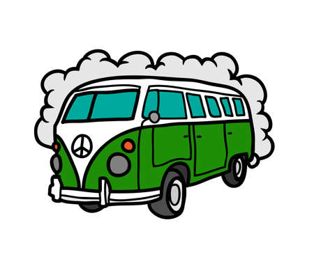 Green camper bus with clouds with plane background new closeup picture vehicle illustration.の写真素材