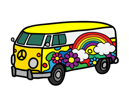 New camper bus side view with floral design with white background automobile transport.の写真素材