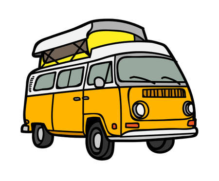New closeup of a Hippie van in yellow color with white background illustration vacation.の写真素材