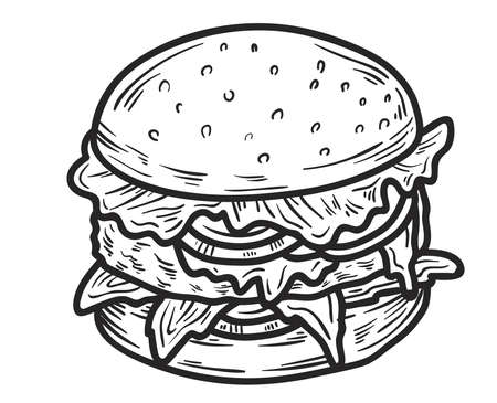 Tasty and delicious hamburger fresh and unhealthy burger food meal lunch dinner breakfast vector illustration art drawingのイラスト素材