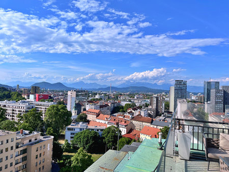 Travel to Europe during summer on holiday. A view of Ljubljana from the outside observation deck terrace at the top of the Neboticnik Skyscraper in central Ljubljana. Top destinationの写真素材