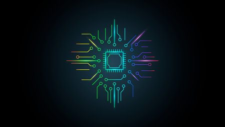 Microchip processor with circuit board pattern for technology background.