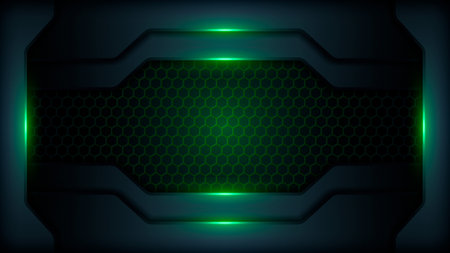 Hexagonal background with green neon light. Honeycomb, bees hive cells pattern.のイラスト素材