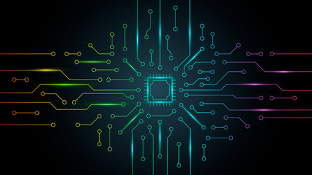 Microchip processor with circuit board pattern for technology background.のイラスト素材