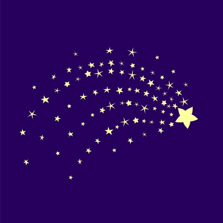Comet in the blue sky. Stardust night illustration. Star of Bethlehem. Starry background.