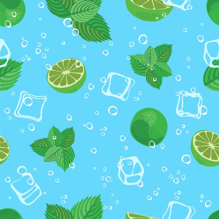 Mojito cocktail lime mint and ice blue water seamless pattern. Mojito lime background.のイラスト素材