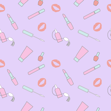 Makeup seamless pattern for woman.  Pink seamless beauty products pattern. Makeup background.のイラスト素材