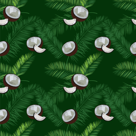 Green vector coconut seamless  pattern. Coconut, palm leaves seamless vector pattern on green background. Tropic hawaiian print illustration with coconut and palm leaves.のイラスト素材