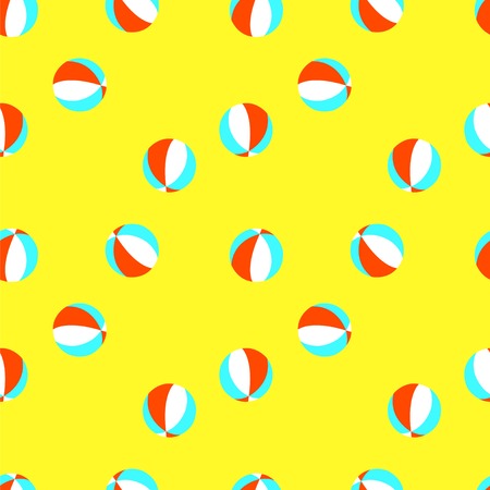 Seamless vector pattern with red, white and blue beach balls. Beach balls yellow background. Seamless yellow pattern with balls.のイラスト素材