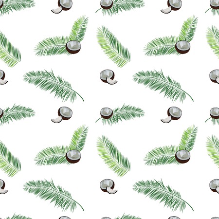 White vector coconut seamless  pattern. Coconut, palm leaves seamless vector pattern on white background. Tropic hawaiian print illustration with coconut and palm leaves.のイラスト素材