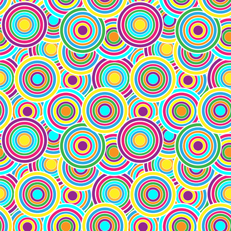 Purple, yellow and green circles seamless vector pattern. Stained glass circles mosaic purple, green, yellow and pink colors on blue background.のイラスト素材