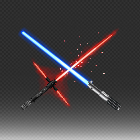 Crossed fantastic weapons vector illustration in red and blue colors isolated on the black background.のイラスト素材