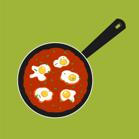 Vector Illustration of pan with Shakshouka. Breakfast with Sunny side up eggs and a sauce of tomatoes.のイラスト素材