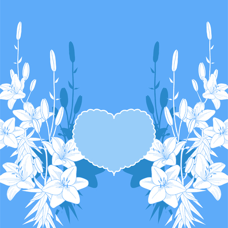 Blue and white lily vector love card. Wedding invitation template on the blue background.のイラスト素材
