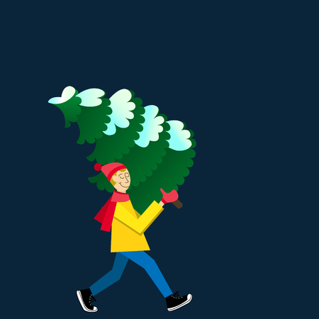 Man carrying a snowy fir-tree. Flat-style illustration. Buying christmas tree card flat design style vector graphic illustrationのイラスト素材
