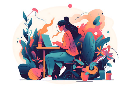 Woman siting on chair learning online course with laptop Illustration concept. Flat illustration isolated on white background, generative aiの素材