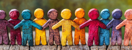 Handcrafted wooden figures in vibrant colors standing together in unityの素材