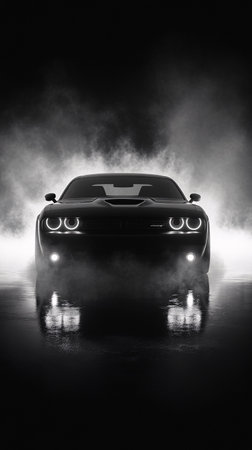 A striking front-facing view of a black Dodge Challenger with illuminated LED headlights, surrounded by dramatic smoke effects in a dark environment. The reflection on the wet surface enhances the moody compositionの素材